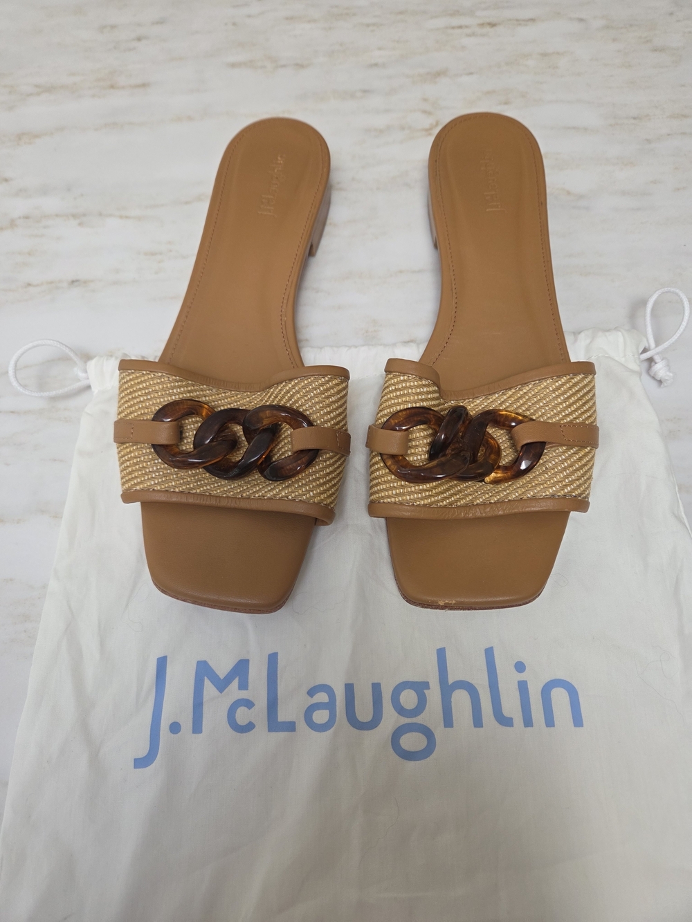J. McLaughlin Tan Raffia Slide Sandals with Tortoiseshell Chain